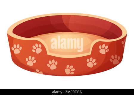 Un joli lit de chien ou de chat décoré avec un motif paw de style dessin animé isolé sur fond blanc. Accessoire pour animaux de compagnie, lit de bébé confortable, panier de repos. Illustration vectorielle Illustration de Vecteur