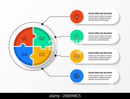 Modèle d'infographie avec icônes et 4 options ou étapes. Puzzle. Peut être utilisé pour la mise en page de flux de travail, le diagramme, la bannière, la conception Web. Illustration vectorielle Illustration de Vecteur