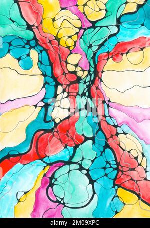 Illustration neuro dessinée à la main d'un arbre. Peinture colorée avec marqueur noir, aquarelles et marqueurs multicolores. Art thérapie. Banque D'Images