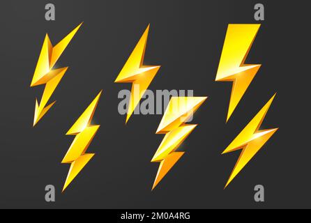 Jeu de boulons d'éclair, icônes de tonnerre et de court-circuit, décharge électrique et foudre, vecteur Illustration de Vecteur