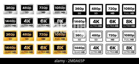 Icônes de résolution vidéo. Affichage, moniteur ou définition TV, étiquettes argentées et dorées, badges, format de qualité multimédia et symboles de résolution et de taille vidéo ultra HD 1080p, 4K, icônes ou signes monochromes Illustration de Vecteur