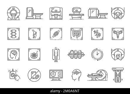 Icônes de contour de l'acquisition IRM. Radiologie hospitalière ou clinique, diagnostic tomographique, résonance magnétique imaginant des équipements médicaux symboles ou pictogrammes à vecteur fin avec scanner IRM, organes du patient Illustration de Vecteur
