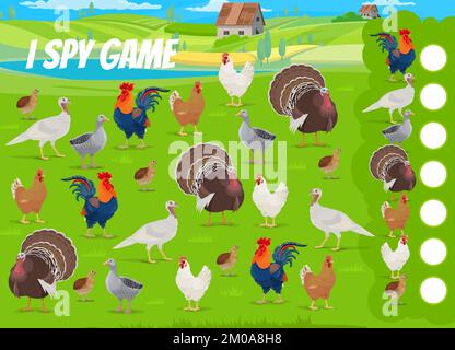 Animaux de ferme. I Spy Game Worksheet. Jeu de recherche et de comptage d'objets pour enfants, casse-tête de calcul pour enfants ou jeu vectoriel avec caille, oie et dinde, poule, oiseaux de coq sur scène de campagne agricole Illustration de Vecteur