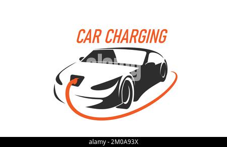 Icône de service de charge de voiture électrique. Station de charge pour véhicules électriques ou hybrides ou symbole de vecteur de service d'entretien, icône graphique ou panneau avec voiture électrique moderne branchée avec le câble d'alimentation du chargeur Illustration de Vecteur