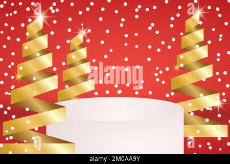 Podium de luxe rouge et or avec arbre de Noël abstrait et neige tombant. Salle de studio Vector avec 3D plates-formes. Scène de maquette festive Illustration de Vecteur