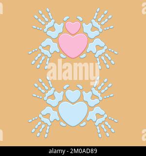Symbole de coeur entre les empreintes de paume, l'imprimé à la main, le coeur dans les mains de l'eau sur le sable. Objets vectoriels isolés. Illustration de Vecteur