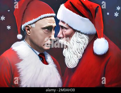 Rencontre du Père Noël avec une caricature de Poutine Banque D'Images