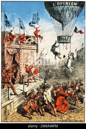 Une vieille affiche humoristique montre un interprète théâtral sur une scène extérieure, photographiant à bord d'un ballon, intitulé « l'opinion », - Van geleyn Artwork 1870-1900 Banque D'Images