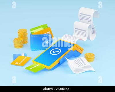 3D illustration du terminal de paiement, du portefeuille avec de l'argent, des cartes bancaires et des reçus papier isolés en arrière-plan. Symbole de shopping, e-commerce, argent tra Banque D'Images