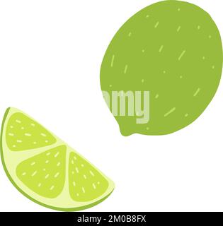 Lime entière et en tranches de style dessin animé plat. Illustration vectorielle dessinée à la main de citron vert, de nourriture fraîche et d'agrumes. Illustration de Vecteur