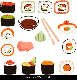 Sushi avec sauce soja, gingembre, wasabi, baguettes de style plat. Illustration dessinée à la main de la cuisine traditionnelle japonaise. Illustration de Vecteur