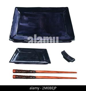 Illustration aquarelle, plats à sushis vides. Plats à sushis rectangulaires en céramique noire et bâtonnets de sushi. Pour la description des menus. Banque D'Images