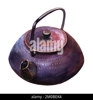 Sac japonais violet en fonte teapot aquarelle peinture sur fond blanc. Pour la description des menus. Banque D'Images