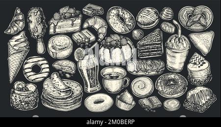 Ensemble de craies de nourriture et de boissons sur tableau noir. Croquis de collection pour le menu du café ou du restaurant. Concept de dessert sucré Illustration de Vecteur