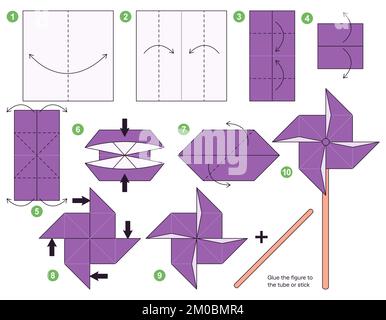 Tutoriel Origami pour les enfants. Origami mignon Windmill jouet. Illustration de Vecteur