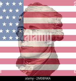 Portrait du président américain Alexander Hamilton avec le drapeau américain Banque D'Images