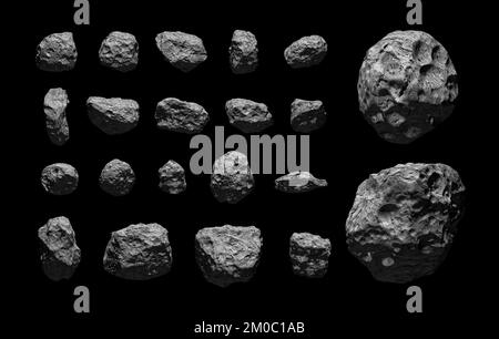 Ensemble d'astéroïdes isolés en noir. Groupe d'astéroïdes sur fond noir. Météorites. Rendu haute résolution 3D. Astéroïdes isolés sur du noir pur. Banque D'Images