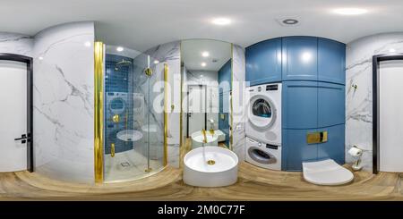 Vue panoramique à 360° de panorama 360 hdri sans couture à l'intérieur de la salle de bains chère dans les appartements modernes avec lavabo et miroir en projection équirectangulaire avec ze