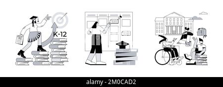 Kit d'illustrations vectorielles abstraites du programme éducatif. Programme K-12, programme scolaire, socialisation des élèves, école publique, calendrier d'apprentissage, cours académique, jouer ensemble métaphore abstraite. Illustration de Vecteur