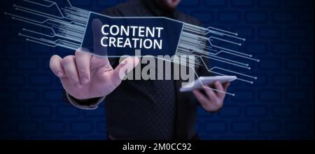 Création de contenu de légende conceptuelle. Contribution de concept d'entreprise de l'information à n'importe quel support numérique Banque D'Images