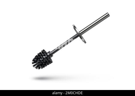 Brosse de toilette noire isolée sur blanc. Gros plan d'une brosse de nettoyage de toilettes avec éléments métalliques à insérer dans un projet ou un design. Brosse métallique pour Banque D'Images