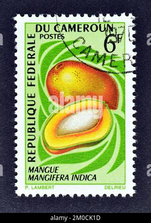 Timbre-poste annulé imprimé par le Cameroun, qui montre Mango - Mangifera indica, vers 1967. Banque D'Images