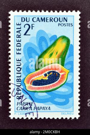 Timbre-poste annulé imprimé par le Cameroun, qui montre Papaya, vers 1967. Banque D'Images