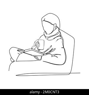 Style de vie hygge. Un dessin de ligne d'une fille boit une tasse de café pendant la lecture. Dessin design concept pour l'humeur de confort et de convivialité confortable Illustration de Vecteur