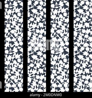 Motif fleuri délicat. Motif sans couture avec rayures et silhouettes de fleurs blanches sur fond noir. Imprimé monochrome moderne Banque D'Images