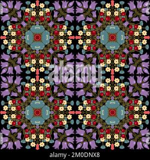 Kaléidoscope fleuri coloré à motif sans couture. Fleurs texturées stylisées dessinées à la main sur fond noir. Motif carré de style oriental mandala Banque D'Images