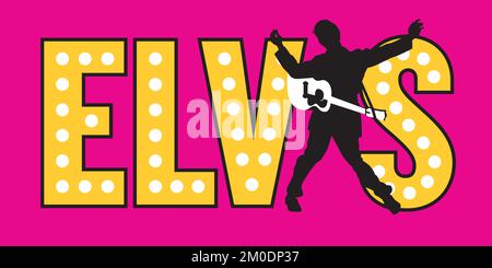 Logo ou badge Elvis rock and roll Singer Vector Illustration. Dessin de silhouette de chanteur rétro rockabilly avec guitare et texte. Illustration de Vecteur