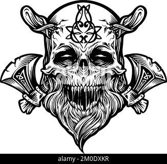 Crâne Viking Warrior avec Ax illustrations vectorielles monochromes pour votre logo de travail, t-shirt de marchandise, autocollants et dessins d'étiquettes, affiche Illustration de Vecteur