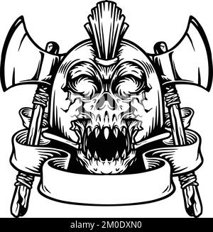 Crâne avec Ax et bannière illustrations vectorielles monochromes pour votre logo de travail, t-shirt de marchandise, autocollants et étiquettes, affiche, cartes de vœux Illustration de Vecteur