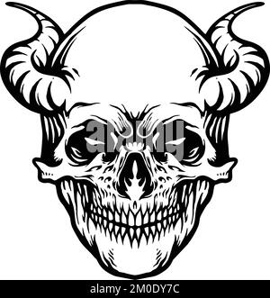 Tatouage Daemon Skull Horn illustrations vectorielles monochromes pour votre logo de travail, t-shirt de marchandise, autocollants et dessins d'étiquettes, affiche, cartes de vœux Illustration de Vecteur