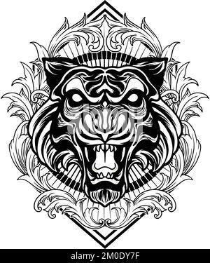 Décorations tête de tigre cadre illustrations vectorielles monochromes pour votre logo de travail, t-shirt de marchandise, autocollants et dessins d'étiquettes, affiche, cartes de vœux Illustration de Vecteur