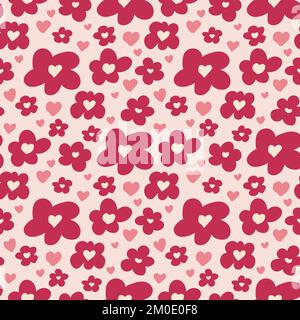 Viva Magenta fleurs et coeurs sur fond rose vector sans couture motif. Couleur de l'année 2023 style petit. Illustration de Vecteur