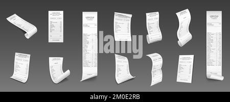 Reçus papier, chèques d'achat en espèces dans une épicerie ou un supermarché. Factures de paiement, factures financières courbées et laminées, isolées en arrière-plan, scénario réaliste Illustration de Vecteur