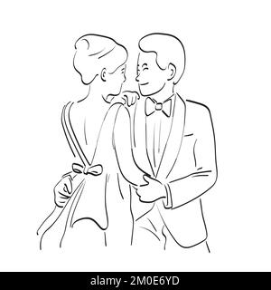 portrait d'un jeune couple en photo de mariage, dessin vectoriel à la main, isolé sur fond blanc Illustration de Vecteur
