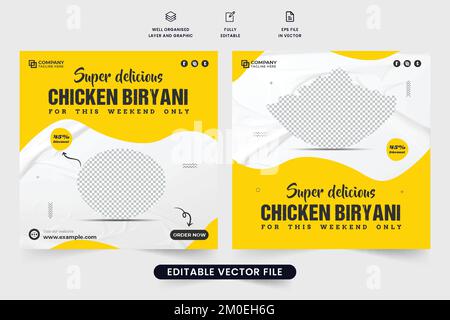 Modèle de remise pour les plats délicieux avec des formes abstraites. Menu alimentaire social media post vector avec des couleurs jaune et sombre. Bal des affaires de restaurant Illustration de Vecteur