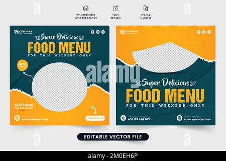 Modèle de menu très délicieux avec des couleurs jaune et bleu foncé. Vecteur de modèle de publicité commerciale de restaurant avec effe de forme abstrait Illustration de Vecteur