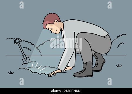 L'homme a creusé un trou dans le jardin pour trouver un Trésor enterré la nuit. Un homme chanceux avec une pelle a découvert trove. L'archéologue fait des fouilles de villes anciennes, des animaux fossiles. Illustration vectorielle linéaire colorée. Illustration de Vecteur