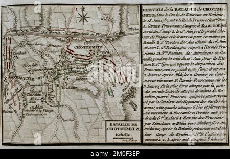 Guerre de sept ans (1756-1763). Carte de la bataille de Chotzemitz (18 juin 1757). Une armée prussienne, commandée par Frédéric le Grand, s'est battue contre l'armée autrichienne, dirigée par le maréchal Daun, aboutissant à une victoire autrichienne. Publié en 1765 par le cartographe Jean de Beaurain (1696-1771) comme illustration de sa Grande carte d'Allemagne, avec les événements qui ont eu lieu pendant la guerre de sept ans. Gravure et gravure. Édition française, 1765. Bibliothèque historique militaire de Barcelone (Biblioteca Histórico Militar de Barcelone). Catalogne. Espagne. Banque D'Images