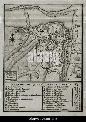 Guerre de sept ans (1756-1763). Carte du Québec, 1759. Canada. Colonie française de la Viceroyauté de la Nouvelle-France. Sur 18 septembre 1759, les Britanniques ont capturé la ville. Publié en 1765 par le cartographe Jean de Beaurain (1696-1771) comme illustration de sa Grande carte d'Allemagne, avec les événements qui ont eu lieu pendant la guerre de sept ans. Gravure. Édition française, 1765. Bibliothèque historique militaire de Barcelone (Biblioteca Histórico Militar de Barcelone). Catalogne. Espagne. Banque D'Images