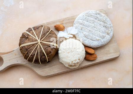 Dégustation de France, petit fromage rond Tome de Provence, petit fromage de chèvre mûr et fromage de montagne banon enveloppé de feuilles de châtaignier, Alpes-de-haute- Banque D'Images