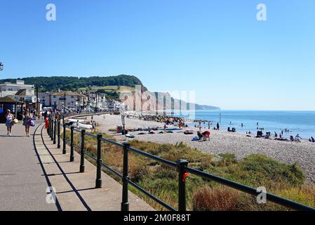 Touristes marchant le long de la promenade et se détendre sur la plage avec vue sur la ville et les falaises, Sidmouth, Devon, Royaume-Uni. Banque D'Images