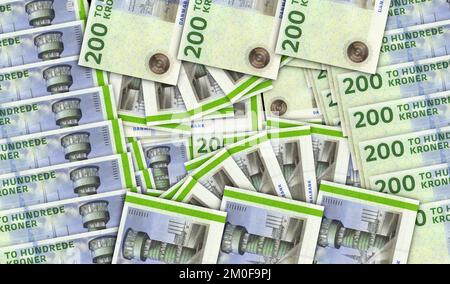 Billets de couronnes danoises dans un modèle de mosaïque de ventilateur d'argent. Danemark 200 DKK notes. Résumé concept de banque, finance, économie conception décorative contexte 3D Banque D'Images