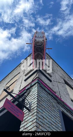 Un angle bas d'un ancien bâtiment dans Chinatown à Portland, USA Banque D'Images