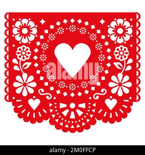 Love, Saint-Valentin papier découpe décoration Papel Picado dessin vectoriel en rouge avec coeur et fleurs, guirlande de fête mexicaine Illustration de Vecteur