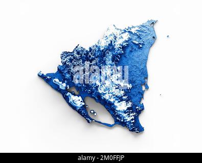 Un rendu en 3D de la carte de relief du Nicaragua avec des couleurs de drapeau isolées sur fond blanc Banque D'Images