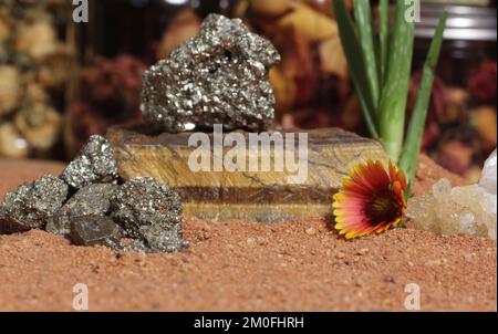 Fleur avec des rochers de pyrite et des cristaux sur le sable rouge australien Banque D'Images